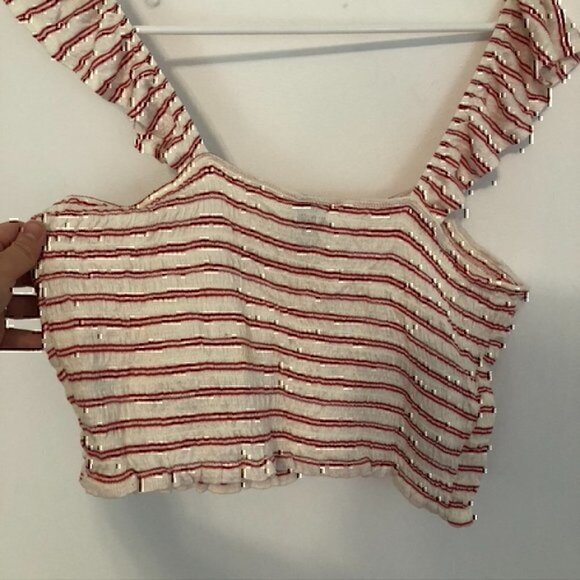 WILD FABLE Cream Ivory Red Striped Smocked Ruffle Strap Cropped Crop Top Tank - Picture 9 of 10